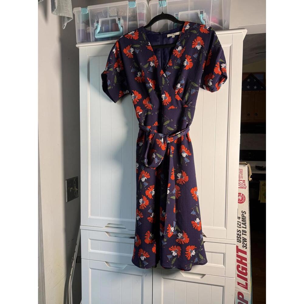 Darling London Floral Belted Midi Dress Navy Red White Size 8 Fit & Flare